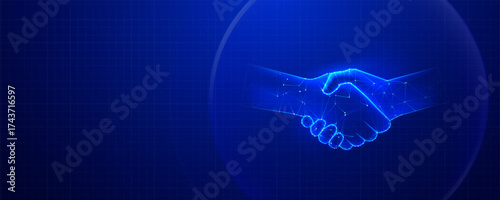 Digital handshake on a blue background, representing agreement and partnership