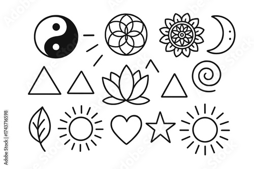 Symbolic Balance Doodle. Balance. Hand-drawn doodle illustration balance yin yang, flower of life, mandala, lotus, triangle, hexagon, spiral, star, rays of