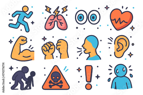Fight or Flight Icons. Fight or Flight. Colorful isometric vector icons set of Fight or Flight: running person, adrenaline rush, wide open eyes, racing heart,