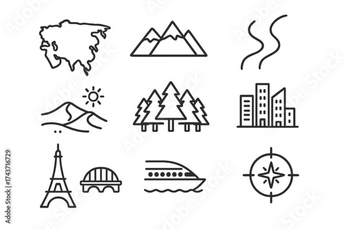 Eurasia Map Icon Set. Eurasia map elements. Line icon set of Eurasia: continent outline, mountain range, river, desert, forest, city skyline, landmark tower,