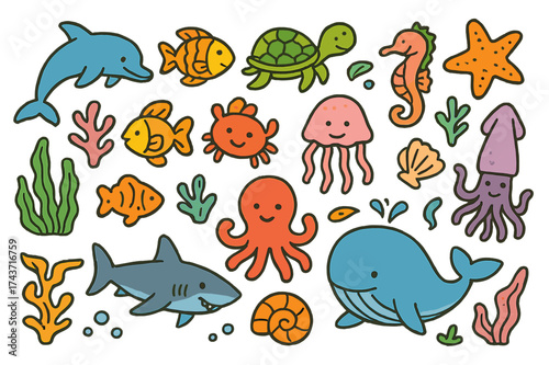 Colorful Marine Life Doodles. Marine Life. Colorful Hand-drawn doodle Children illustration Fish, dolphin, turtle, seahorse, jellyfish, crab,