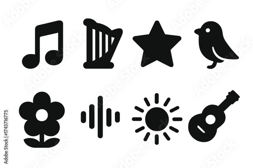 Melody Icon Set. Melody. Filled icon set of Melody: music note, harp, star, bird, flower, sound wave, radiant