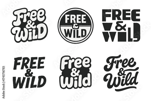 Creative Typography Grid. Free & Wild. Set lettering. harmonious lettering variations of the same emblematic concept, each with different artistic