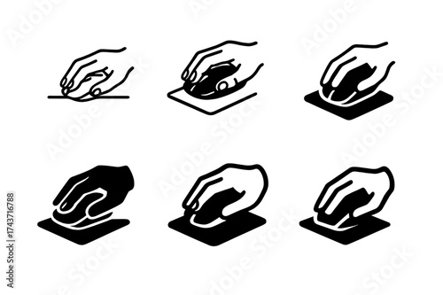 Wireless Mouse Logos. Using a wireless mouse at the desk. Set Logo of Using a wireless mouse at the desk: Hand grasping mouse mid-click. harmonious logo