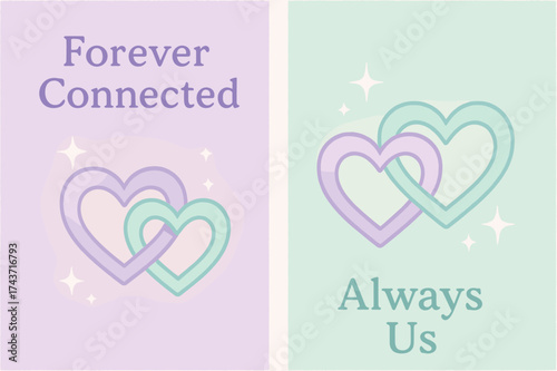 Intertwined Heart Banners. Forever connected. Two vertical A6 banners with safe margins, centered composition, no elements touching edges, pastel style,