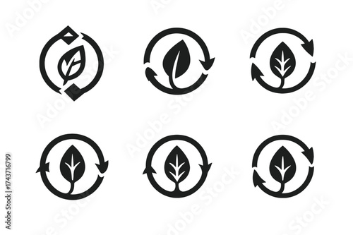 Plant CO2 Exchange Logos. How a plant makes food. Set Logo of CO2 exchange: leaf with circular arrows symbolizing gas flow. harmonious logo variations of the