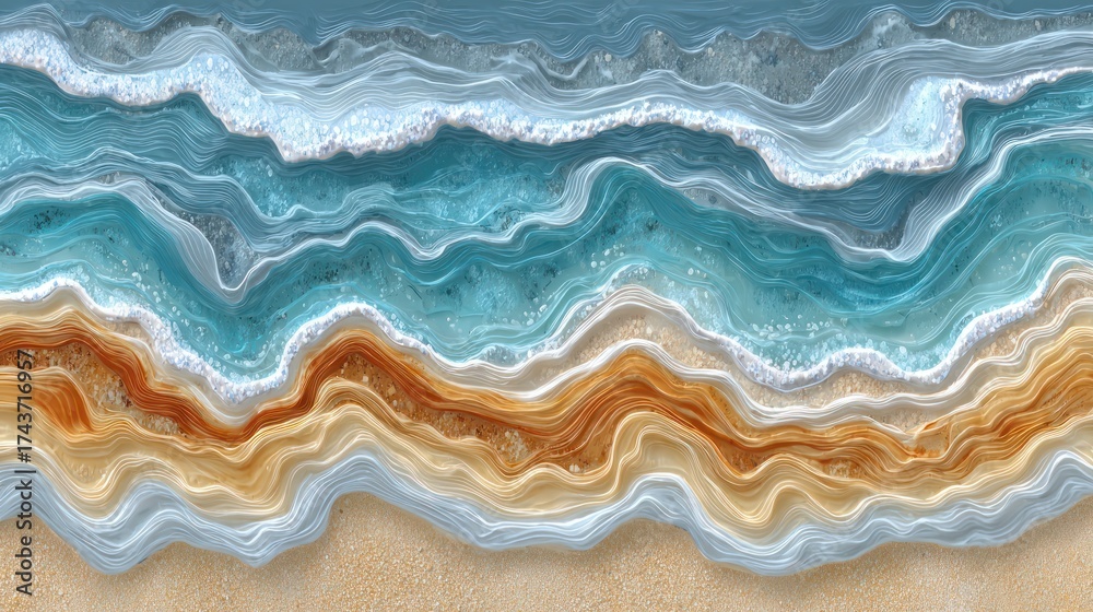 Fototapeta premium Abstract artwork of ocean waves meeting sandy shoreline surface