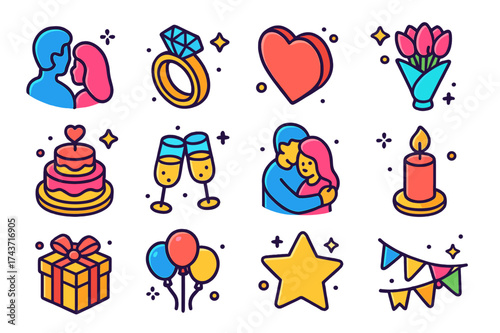 Couple Moments Icons. Couple Moments. Colorful isometric vector icons set of couple moments: couple silhouette, engagement ring, heart, bouquet,