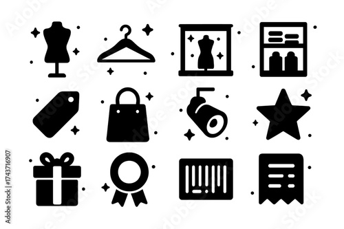 Visual Merchandising Icons. Visual merchandising. Solid icons set of Visual merchandising: mannequin, clothes hanger, display window, shelf, sale tag, shopping