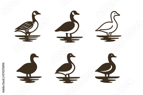 Geese Logo Variations. Geese. Set Logo of Wildlife: Geese standing on a lakeshore. harmonious logo variations of the same emblematic concept, each with