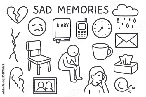 Heartbreak Doodle Icons. Sad Memories. Hand-drawn doodle illustration Sad Memories broken heart, tear, sad face, diary, phone, envelope, clock, cloud, rain,