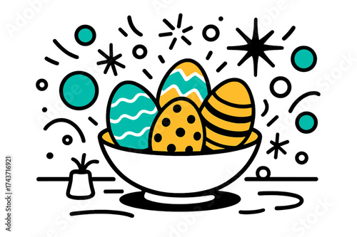 Vibrant Easter Display. Egg Display. A glowing bowl of painted Easter eggs on a brunch table, abstract floating circles and spark shapes creating playful