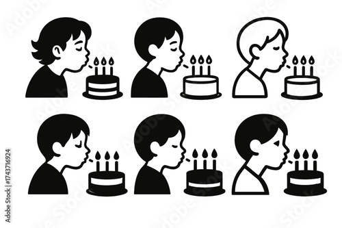 Birthday Logo Variations. Blowing Out Birthday. Set Logo of Birthday Celebration: child blowing candles. harmonious logo variations of the same emblematic