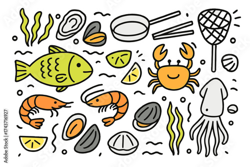 Vibrant Seafood Medley. Seafood Tasting. Hand-drawn doodle illustration fish (colored), crab, shrimp (colored), oyster, mussel (colored), squid, lemon wedge