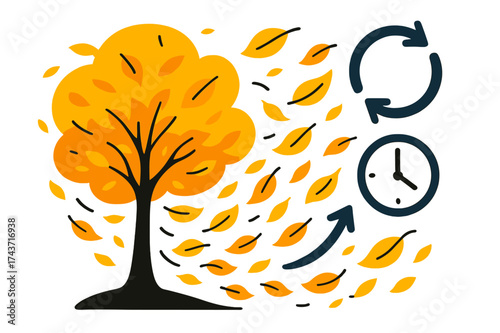Autumn's Flowing Dance. Falling leaves. Tree glowing with last autumn foliage as leaves drift in waves. Floating icons of cycles and time showing seasonal