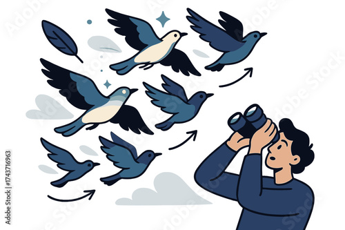 Birdwatching in Motion. Birds in flight and birdwatching. Glowing flock of birds soaring across open sky as observer looks up with binoculars. Floating icons