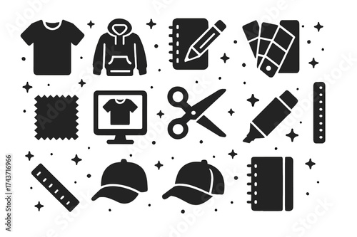 Apparel Design Icons. Apparel Design. Solid icons set of Apparel Design: T-Shirt, Hoodie, Sketchbook, Pencil, Color Palette, Fabric Swatch, Mockup, Scissors,