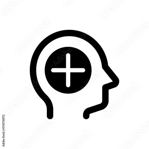 Head profile outline containing a plus symbol within a circle representing mental health and wellbeing icon