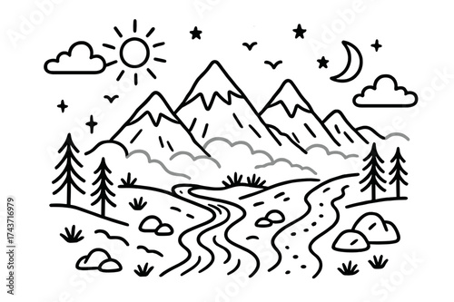 Doodle Mountain Landscape. Distant Mountains. Hand-drawn doodle illustration distant mountains mountain range, peaks, clouds, sun, moon, pine trees, river,