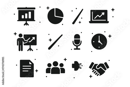 Business Presentation Icons. Business presentations. Solid icons set of Business presentations: projector screen, bar chart, pie chart, line graph, presenter