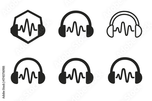 Skill Learning Logos. Learning new skills through online platforms. Set Logo of Learning new skills through online platforms: Headphones with calming waveform.