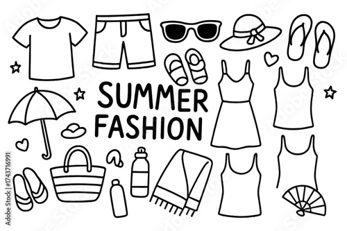 Summer Fashion Icons. Summer Fashion. Hand-drawn doodle illustration Summer Fashion t-shirt, shorts, sunglasses, sandals, flip flops, hat, swimsuit, beach bag,