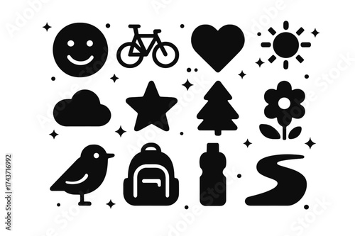 Smiling Icon Collage. Smiles together. Solid icons set of Smiles together: smiling face, bicycle, heart, sun, cloud, star, tree, flower, bird, backpack, water