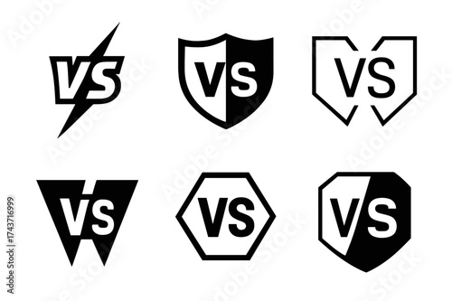 Versus Logo Variations. Game tournaments. Set Logo of versus symbol: two opposing sides with bold "VS" shape. harmonious logo variations of the same emblematic