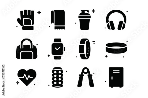 Workout Gear Icons. Workout Gear. Solid icons set of Workout Gear: sports glove, sweat towel, shaker bottle, headphones, gym bag, smartwatch, fitness tracker,