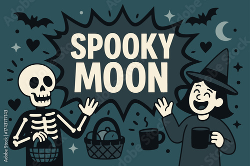 Spooky Moon Banner. Spooky Moon banner, flat vector illustration, bold oversized text inside comic burst, cartoon characters waving and laughing near banner,
