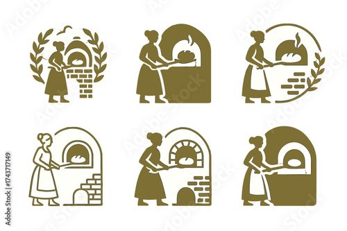Rural Women Logo Variations. Women entrepreneurs in rural areas. Set Logo of Women entrepreneurs in rural areas: Community bakery oven. harmonious logo