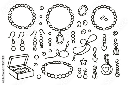 Beaded Jewelry Sketch. Beaded jewelry. Hand-drawn doodle illustration beaded jewelry bracelet, necklace, anklet, earrings, beads, string, pendant, charm,