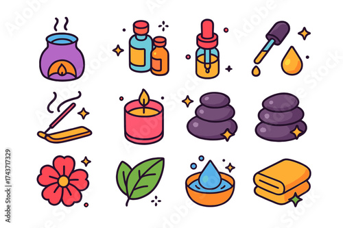 Aromatherapy Icons Set. Aromatherapy. Colorful isometric vector icons set of aromatherapy: diffuser, oil bottles, dropper, incense stick, scented candle,