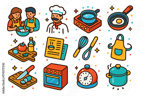 Interactive Cooking Icons. Interactive cooking. Colorful isometric vector icons set of interactive cooking: students stirring, chef instructor, stove, frying