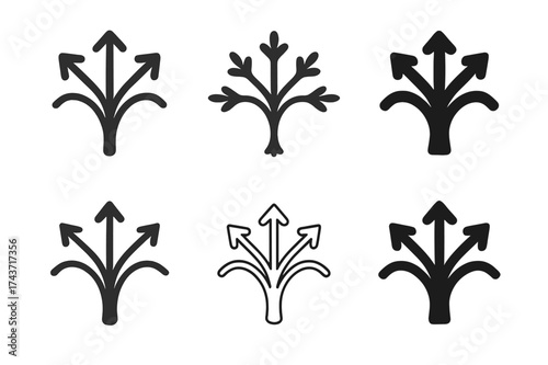 Multitasking Logo Variations. Improving your ability to multitask. Set Logo of branching arrows: central point splitting into multiple directions. harmonious