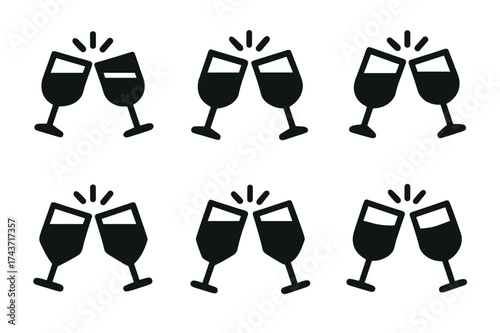 Holiday Cheers Logo Grid. A group of friends celebrating the holidays together with gifts and laughter. Set Logo of clinking glasses: Abstract geometric,