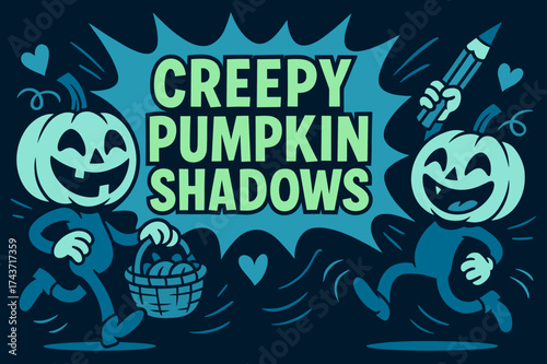 Creepy Pumpkin Shadows. Creepy Pumpkin Shadows banner, flat vector illustration, bold oversized text inside comic burst, cartoon characters laughing and