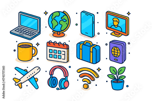 Global Remote Work Icons. Remote Work Around the World. Colorful isometric vector icons set of remote work around the world: laptop, globe, smartphone, video