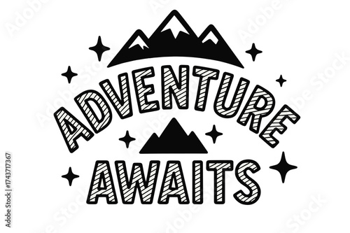 Playful Adventure Lettering. Adventure Awaits ? Decorative Display Lettering: playful striped texture inside bold letters, curved arch layout, framed with
