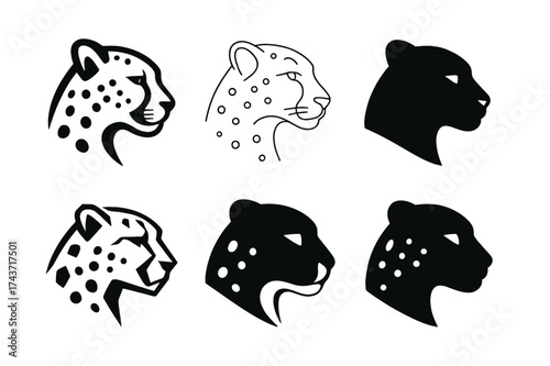 Cheetah Logo Variations. Cheetah. Set Logo of Cheetah: head profile. harmonious logo variations of the same emblematic concept, each with different artistic