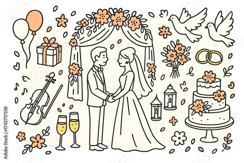 Spring Wedding Doodles. Spring wedding. Hand-drawn doodle illustration spring wedding wedding arch with flowers (accented), bride and groom (accented), bouquet