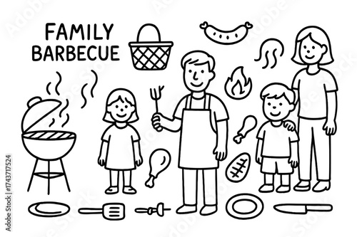 Family Barbecue Doodle. Family barbecue. Hand-drawn doodle illustration family barbecue grill, picnic basket, flame, sausage, chicken leg, steak, corn, skewer,