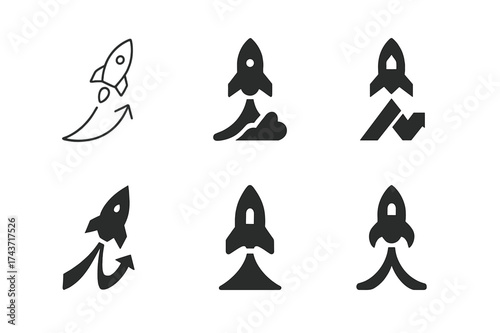 Rocket Logo Variations. Investing in startups. Set Logo of rocket launch: rocket taking off as growth symbol. harmonious logo variations of the same emblematic