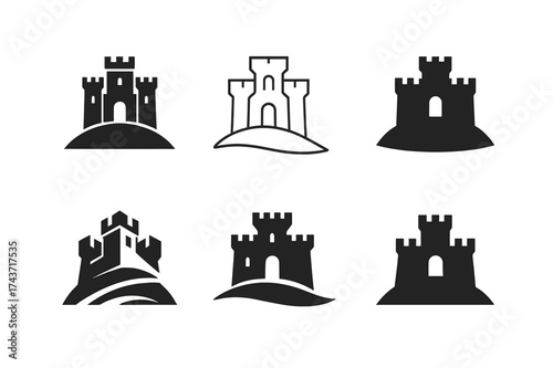 Fantasy Realm Logos. Fictional world. Set Logo of Fantasy realm: castle on a hill. harmonious logo variations of the same emblematic concept, each with