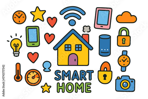 Smart Home Doodle. Smart Home. Colorful Hand-drawn doodle Children illustration house, WiFi symbol, light bulb, phone, tablet, voice assistant, star, heart,