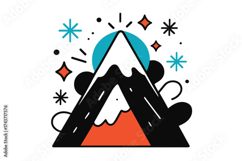 Snow-Capped Mountain Glow. Snow-Capped Heights. A glowing mountain peak topped with snow, abstract floating snowflakes and sparks creating crisp mood. Modern
