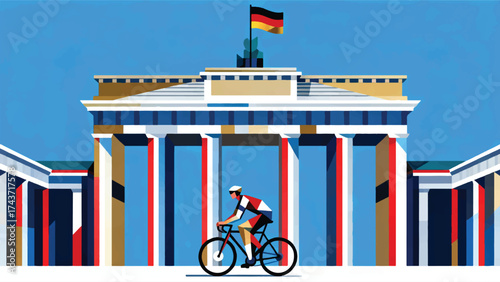 Illustration Of The Brandenburg Gate With The German Flag With People Cycling Against A Clear Blue Sky Vector Design Template