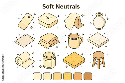 Soft Neutrals Icons. Soft Neutrals. Colorful isometric vector icons set of Soft Neutrals: ivory swatch, cream cushion, linen fabric, white vase, pale gray rug,