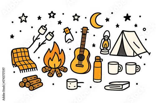 Campfire Essentials Doodle. Campfire Night. Hand-drawn doodle illustration fire pit (colored), marshmallows on sticks, guitar (colored), lantern, blanket