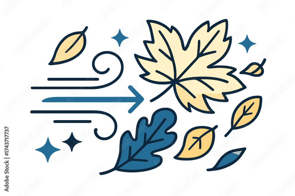 Fototapeta premium Autumn Leaves Dance. Fall wind. Glowing autumn leaves swirling through the air in flowing motion. Floating abstract wind and sparkle icons emphasizing breeze.